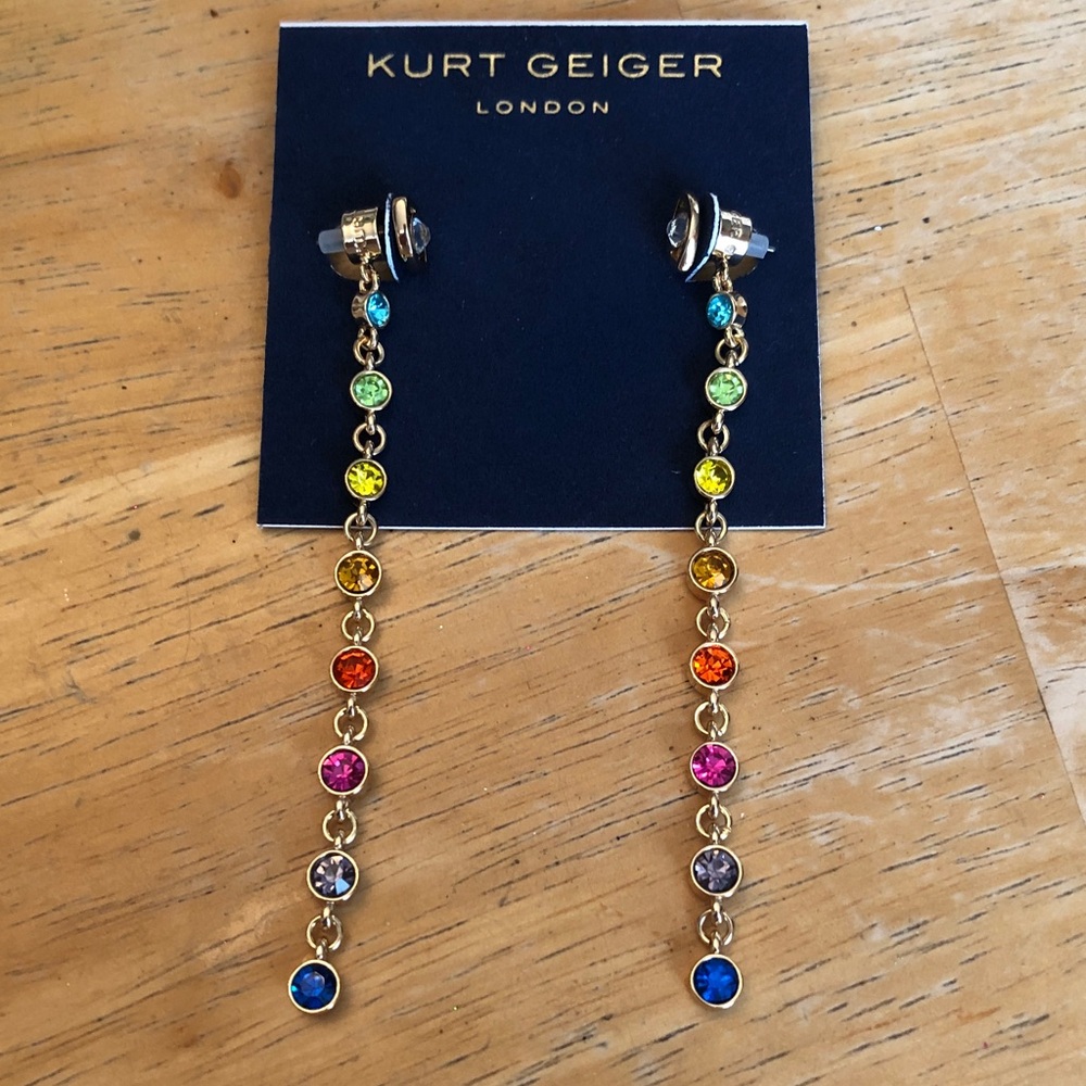 Kurt Geiger London Gold Tone Evil Eye & Rainbow Crystal Linear Drop Earrings NWT